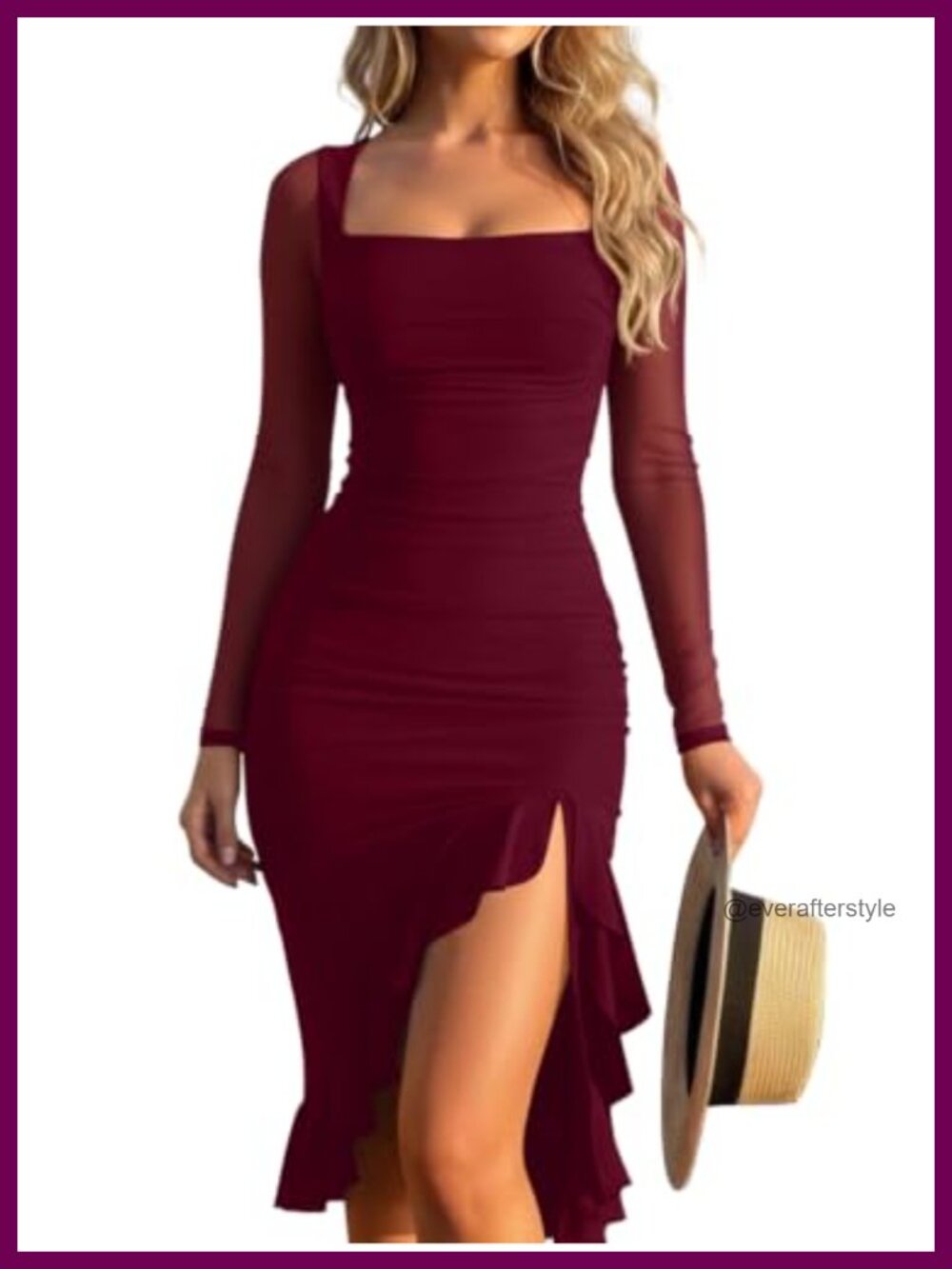 Women's Long Sleeve Square Neck Bodycon Split Midi Dress Party Cocktail